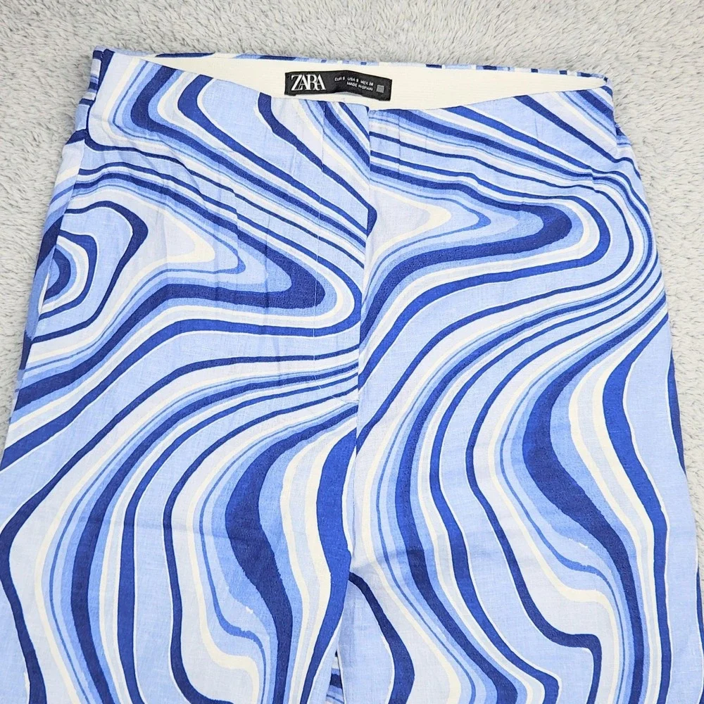 ZARA Womens Linen Blend Pants Sz S Split Hem Blue White Swirl Print Retro Wide